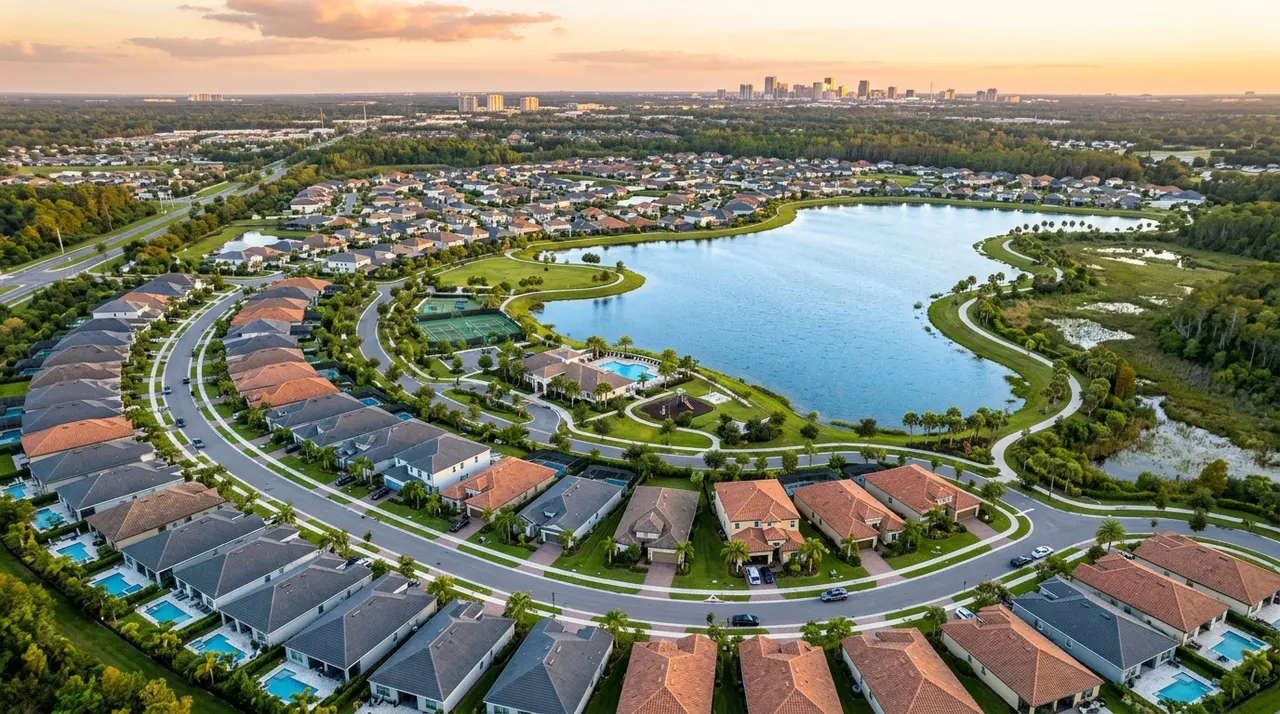 Vista aérea de um bairro planejado perto de Orlando, com casas, piscinas e um lago